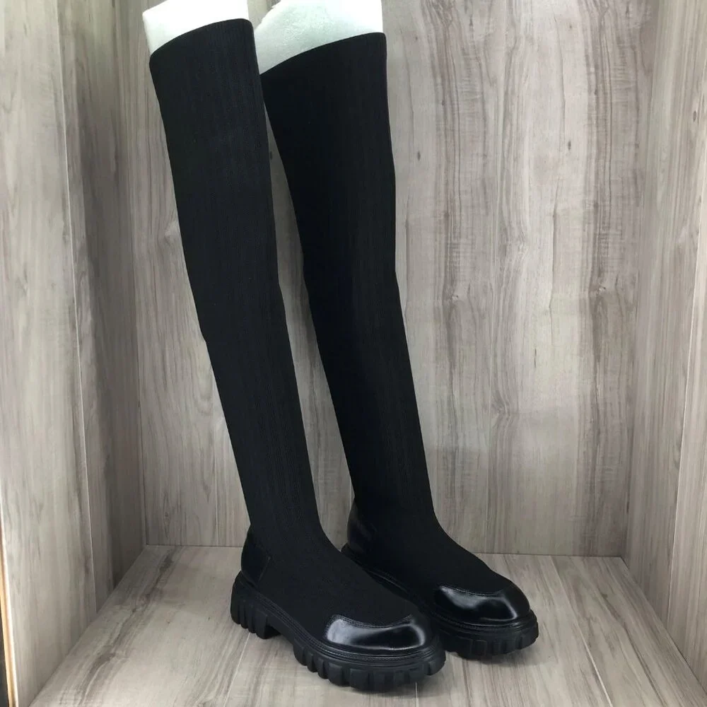 Cuccoo OTK Boots Women's EU 40 Black Sock Chunky Pull On Over The Knee Platform